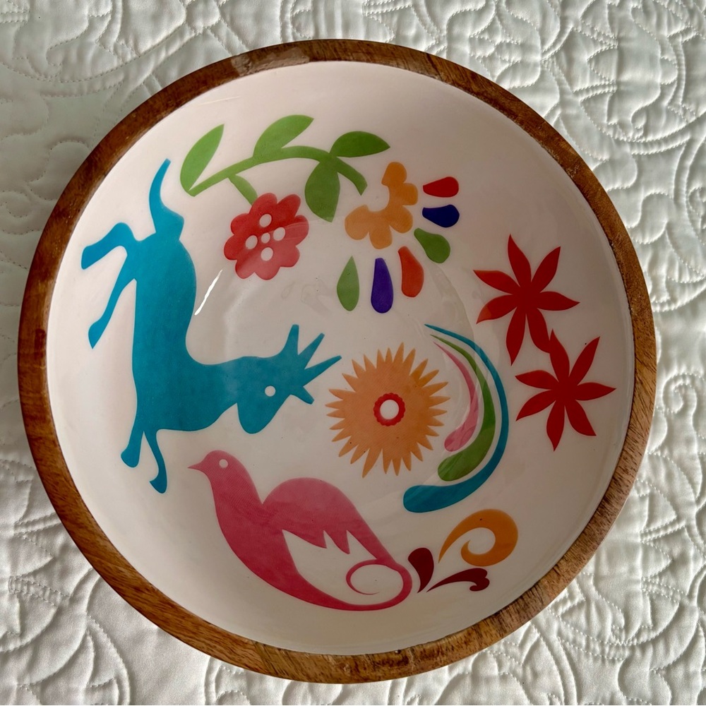 Colorful Handcrafted Wooden Bowl with Floral and Animal Design